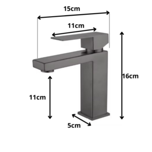 Afmetingen gun metal wastafelkraan met vierkant design
