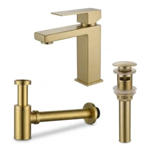 Wastafelset Palermo Geborsteld Goud – Kraan, Design Sifon en Klikplug